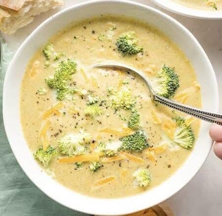 Broccoli cheddar soup in a bowl, from above