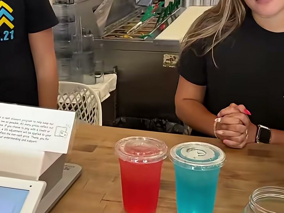 A red and a blue chiller on the counter — a frame from our reel