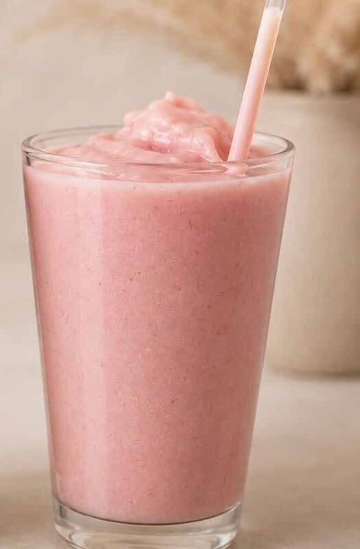 A pink fruit smoothie in a tall glass with a straw, photographed at the shop