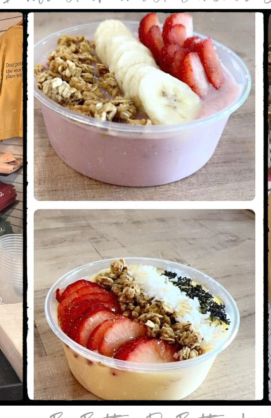 Two smoothie bowls topped with strawberries, banana and granola